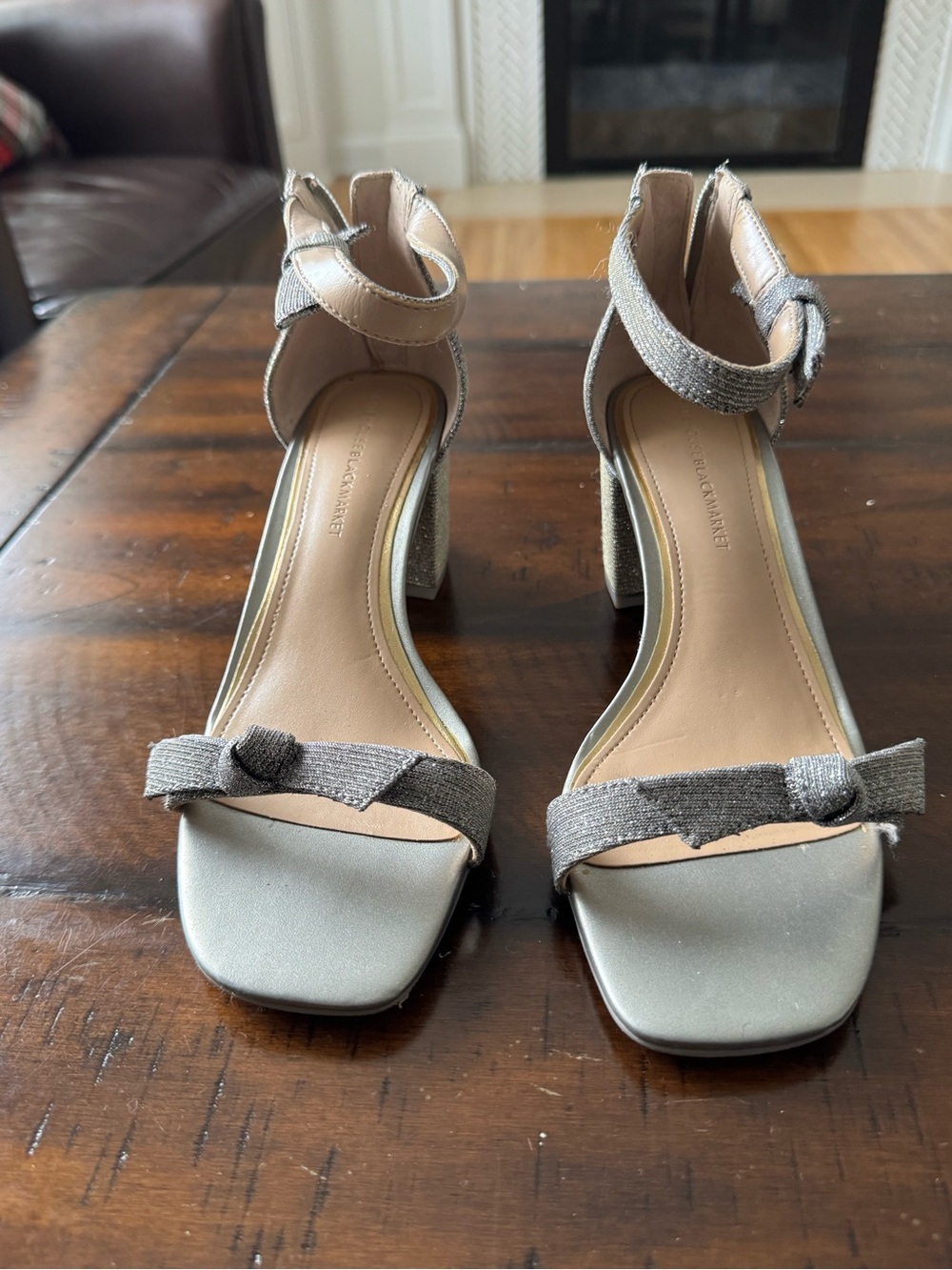 White House Black Market Metallic Silver Ankle-Strap Block Heel Sandals